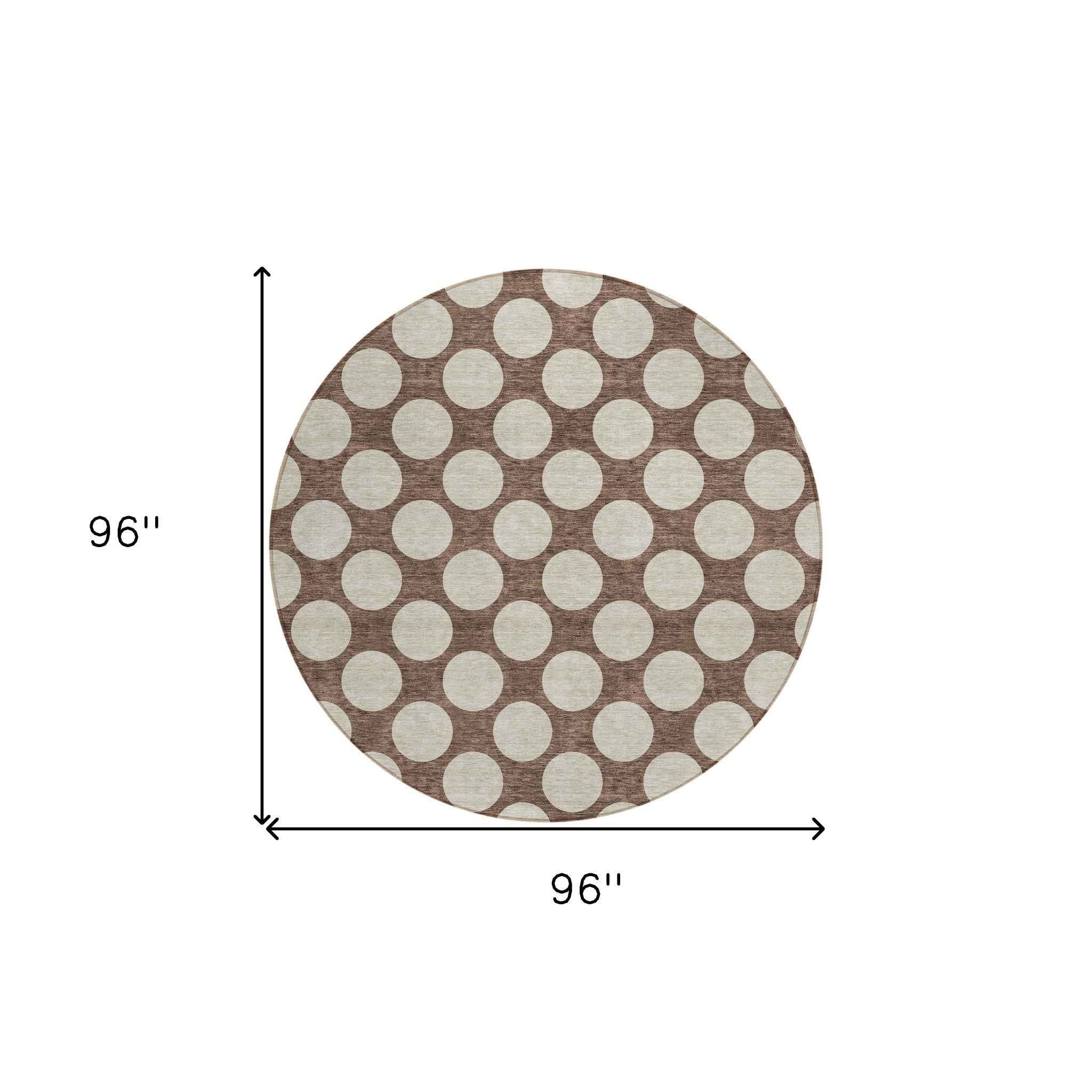 8' Brown And Beige Round Polka Dot Washable Indoor Outdoor Area Rug