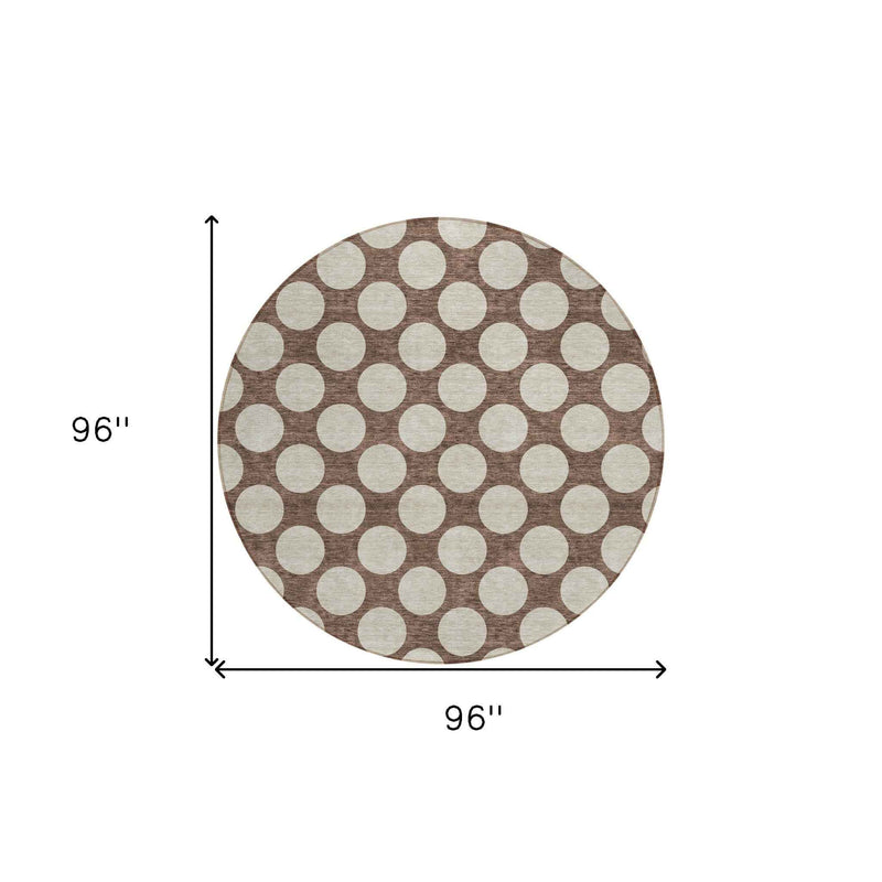 8' Brown And Beige Round Polka Dot Washable Indoor Outdoor Area Rug