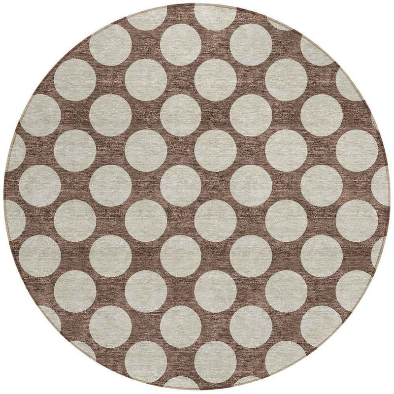 8' Brown And Beige Round Polka Dot Washable Indoor Outdoor Area Rug