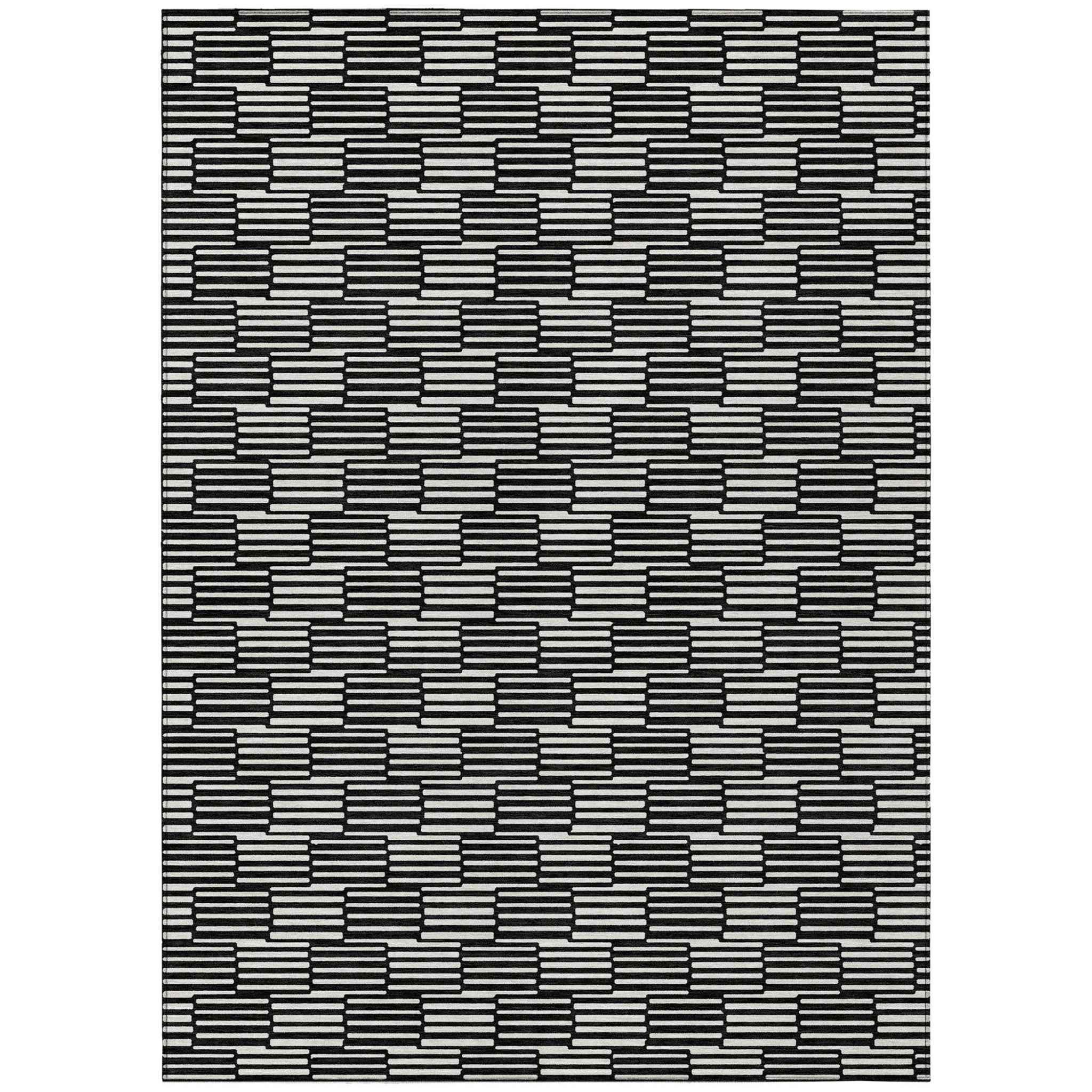 8' X 10' Black And Ivory Geometric Washable Indoor Outdoor Area Rug