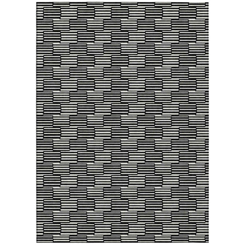 8' X 10' Black And Ivory Geometric Washable Indoor Outdoor Area Rug