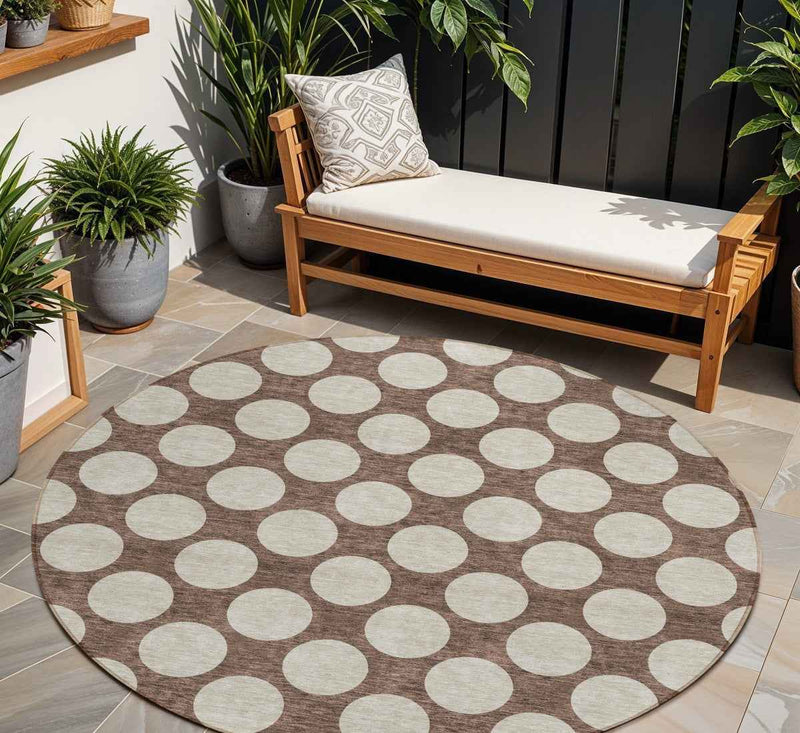 8' Brown And Beige Round Polka Dot Washable Indoor Outdoor Area Rug