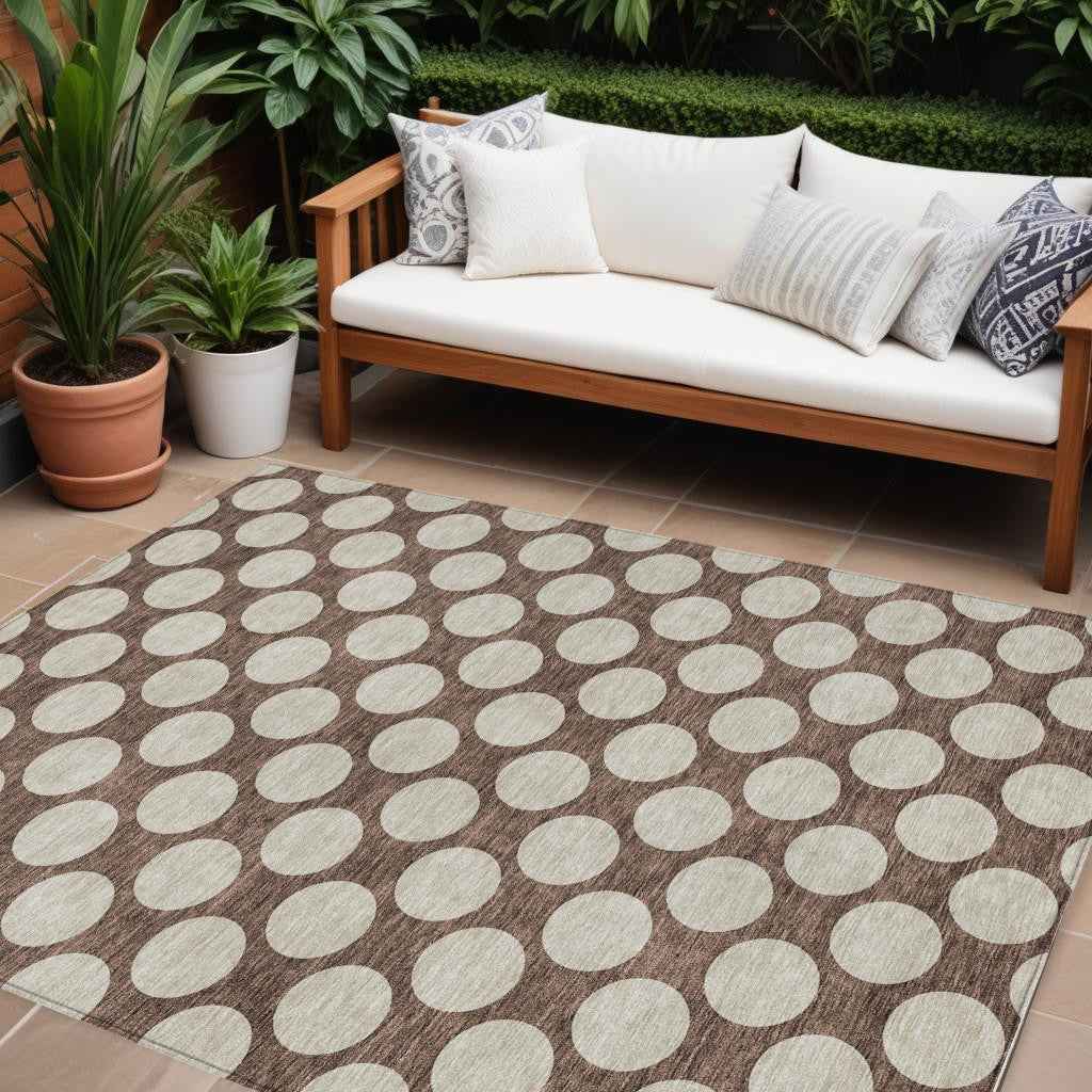 9' X 12' Brown And Beige Polka Dot Washable Indoor Outdoor Area Rug