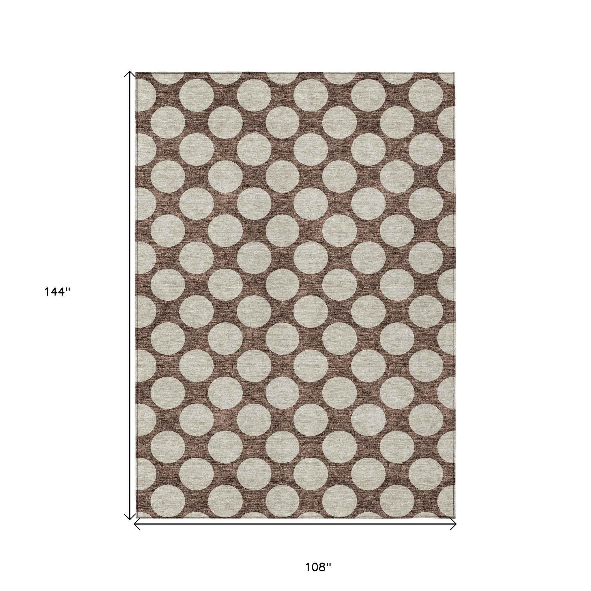 9' X 12' Brown And Beige Polka Dot Washable Indoor Outdoor Area Rug