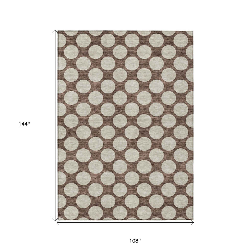 9' X 12' Brown And Beige Polka Dot Washable Indoor Outdoor Area Rug