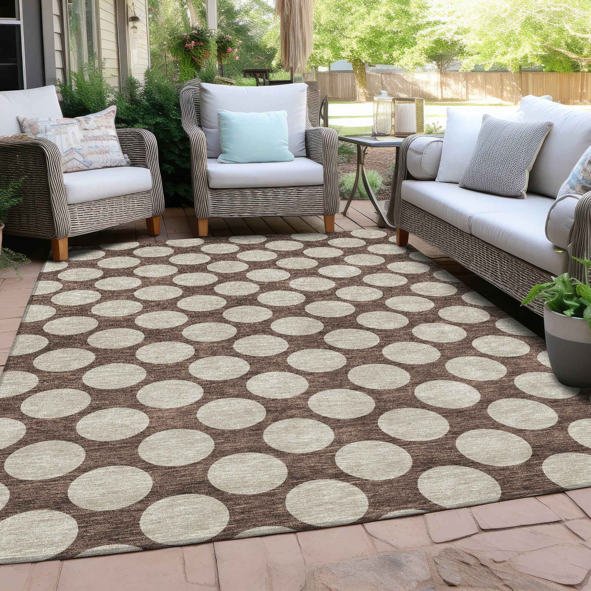 9' X 12' Brown And Beige Polka Dot Washable Indoor Outdoor Area Rug