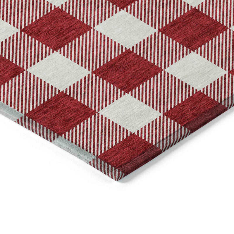 9' X 12' Red And Ivory Plaid Washable Indoor Outdoor Area Rug