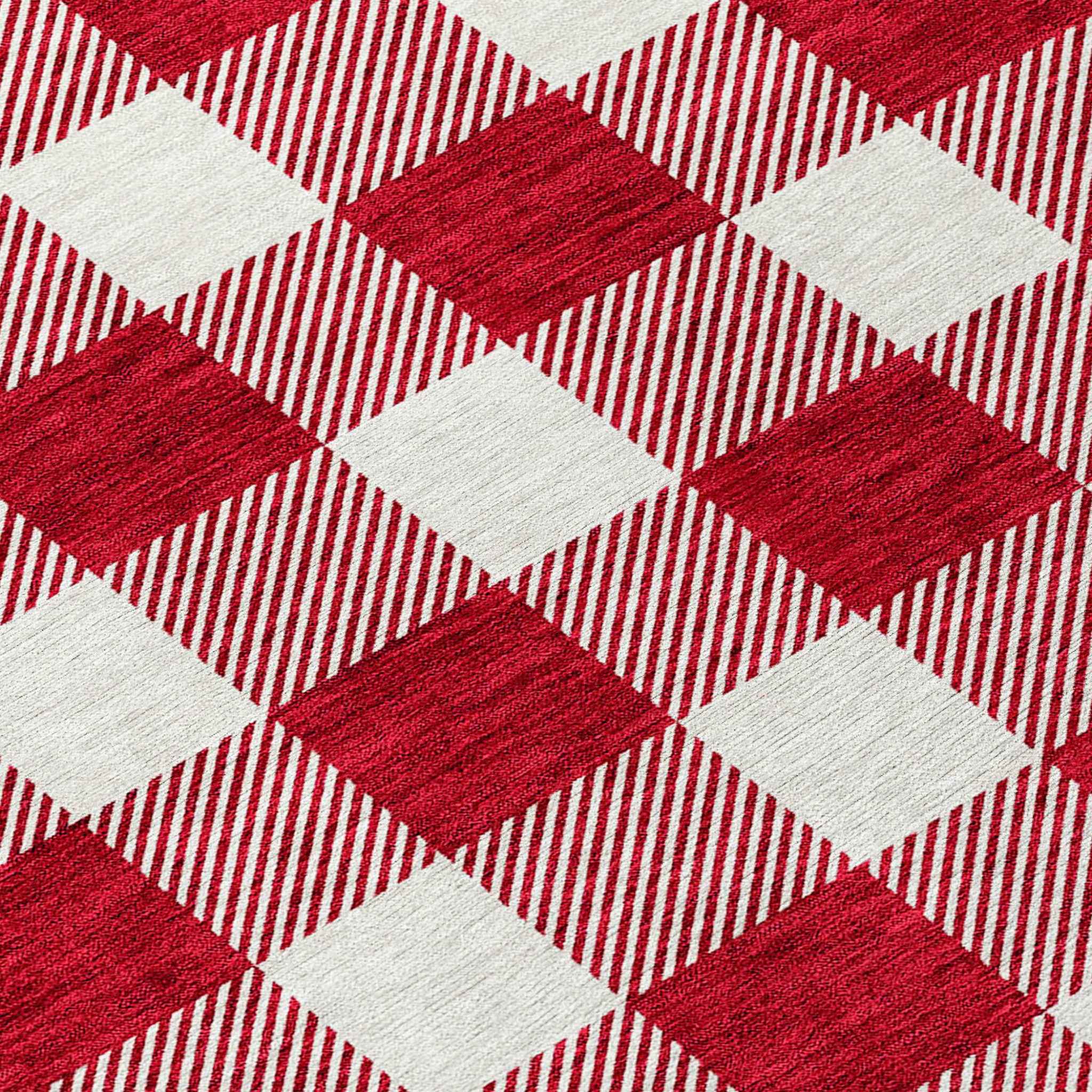 8' Red And Ivory Round Plaid Washable Indoor Outdoor Area Rug