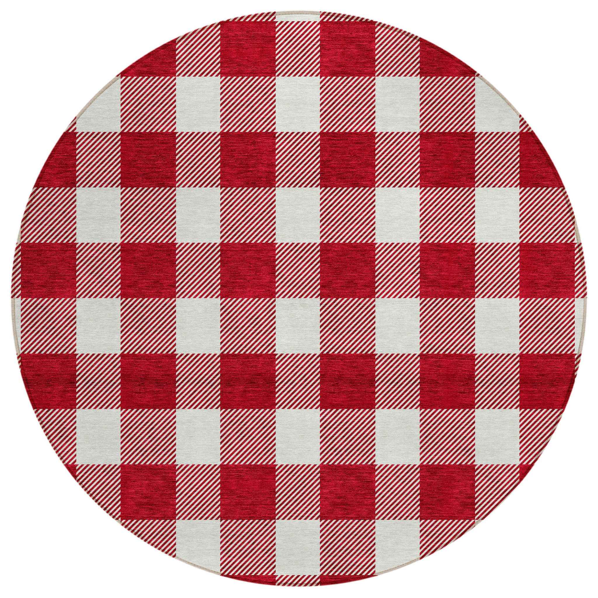 8' Red And Ivory Round Plaid Washable Indoor Outdoor Area Rug