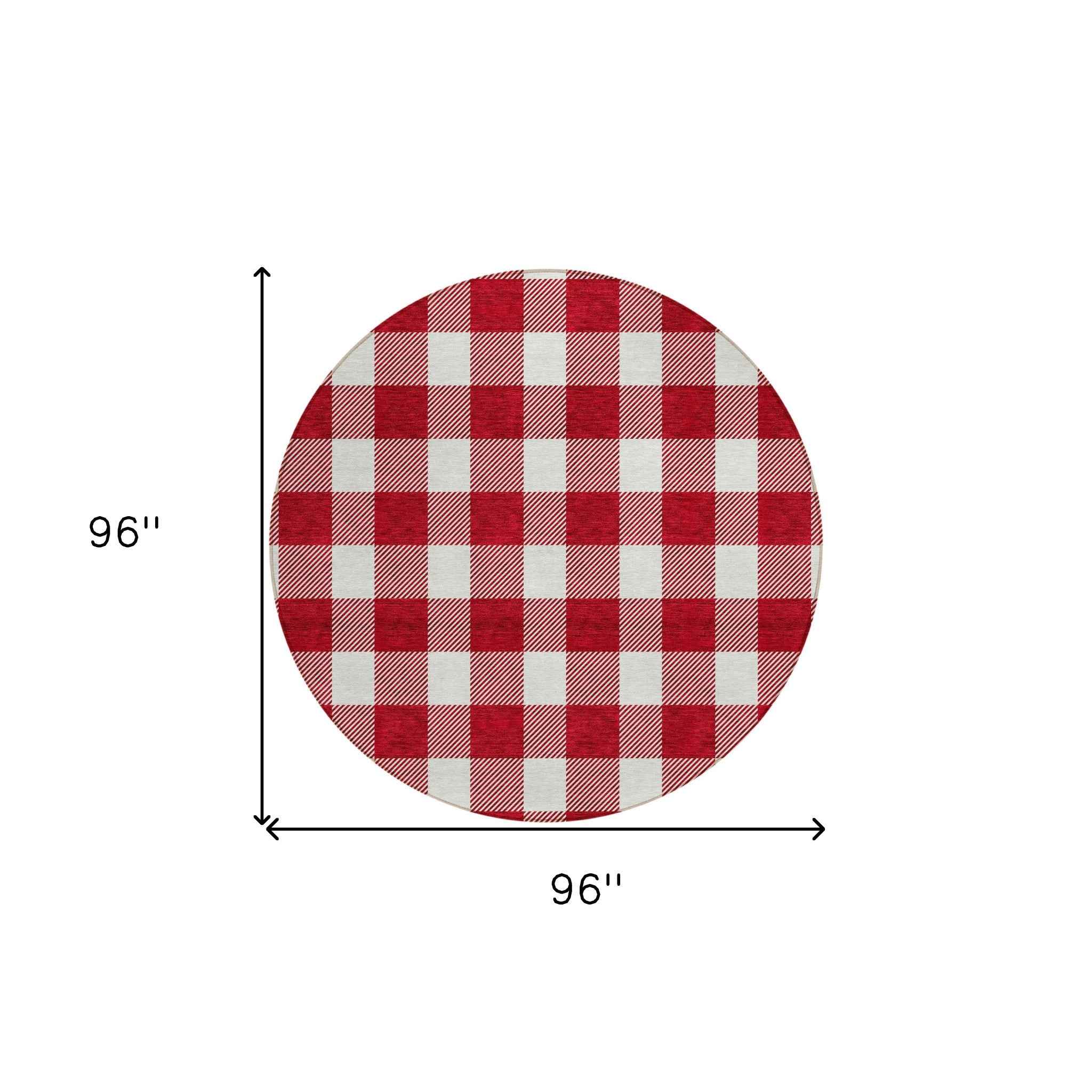 8' Red And Ivory Round Plaid Washable Indoor Outdoor Area Rug