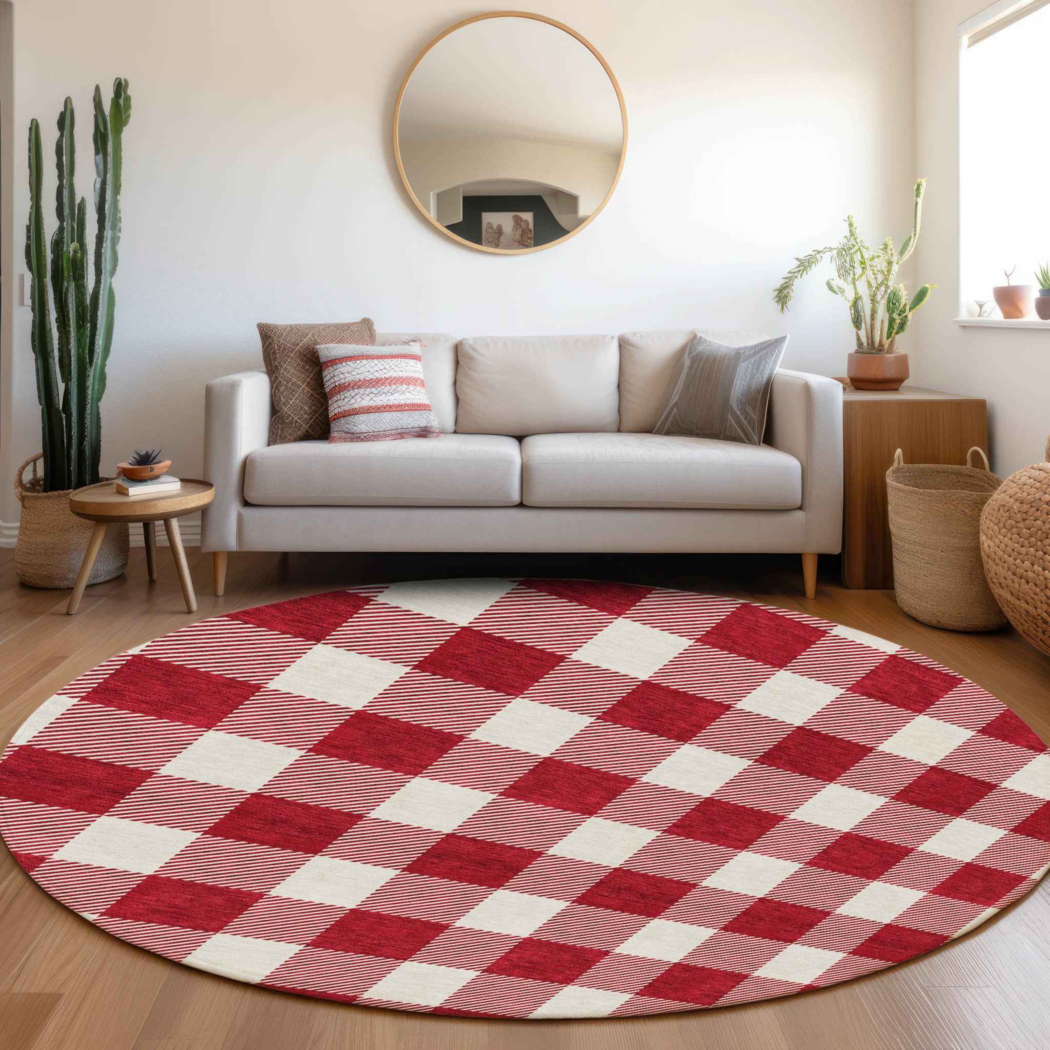 8' Red And Ivory Round Plaid Washable Indoor Outdoor Area Rug