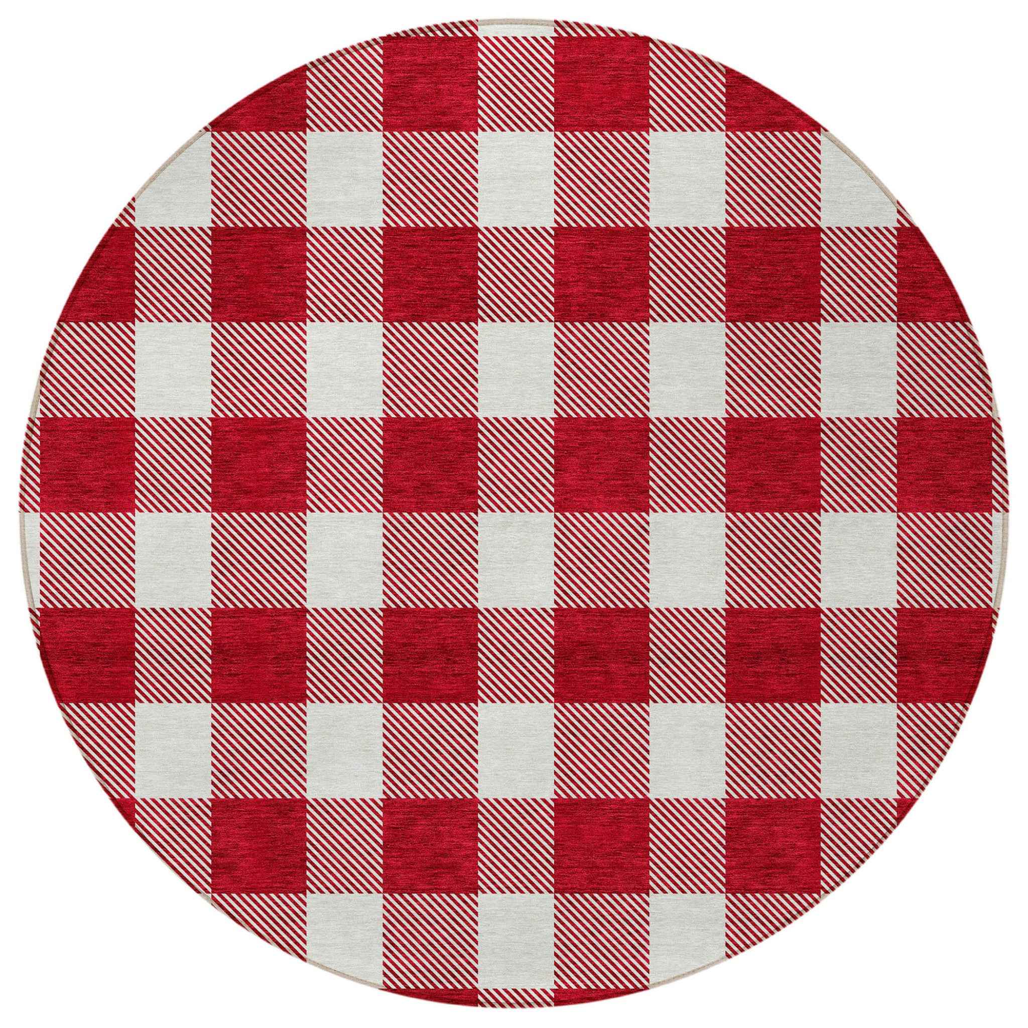 8' Red And Ivory Round Plaid Washable Indoor Outdoor Area Rug