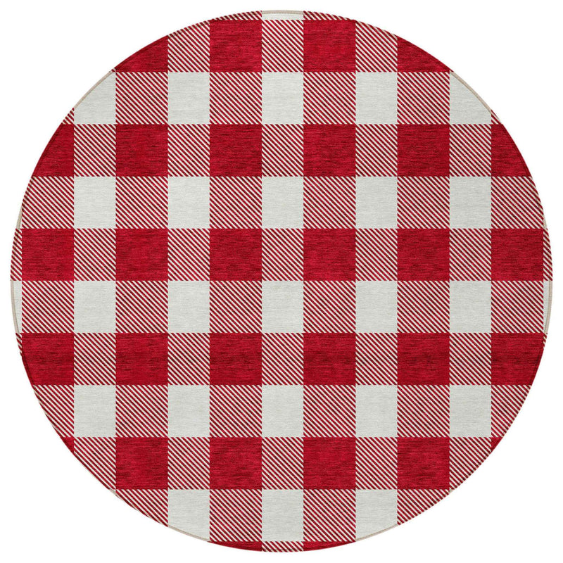 8' Red And Ivory Round Plaid Washable Indoor Outdoor Area Rug