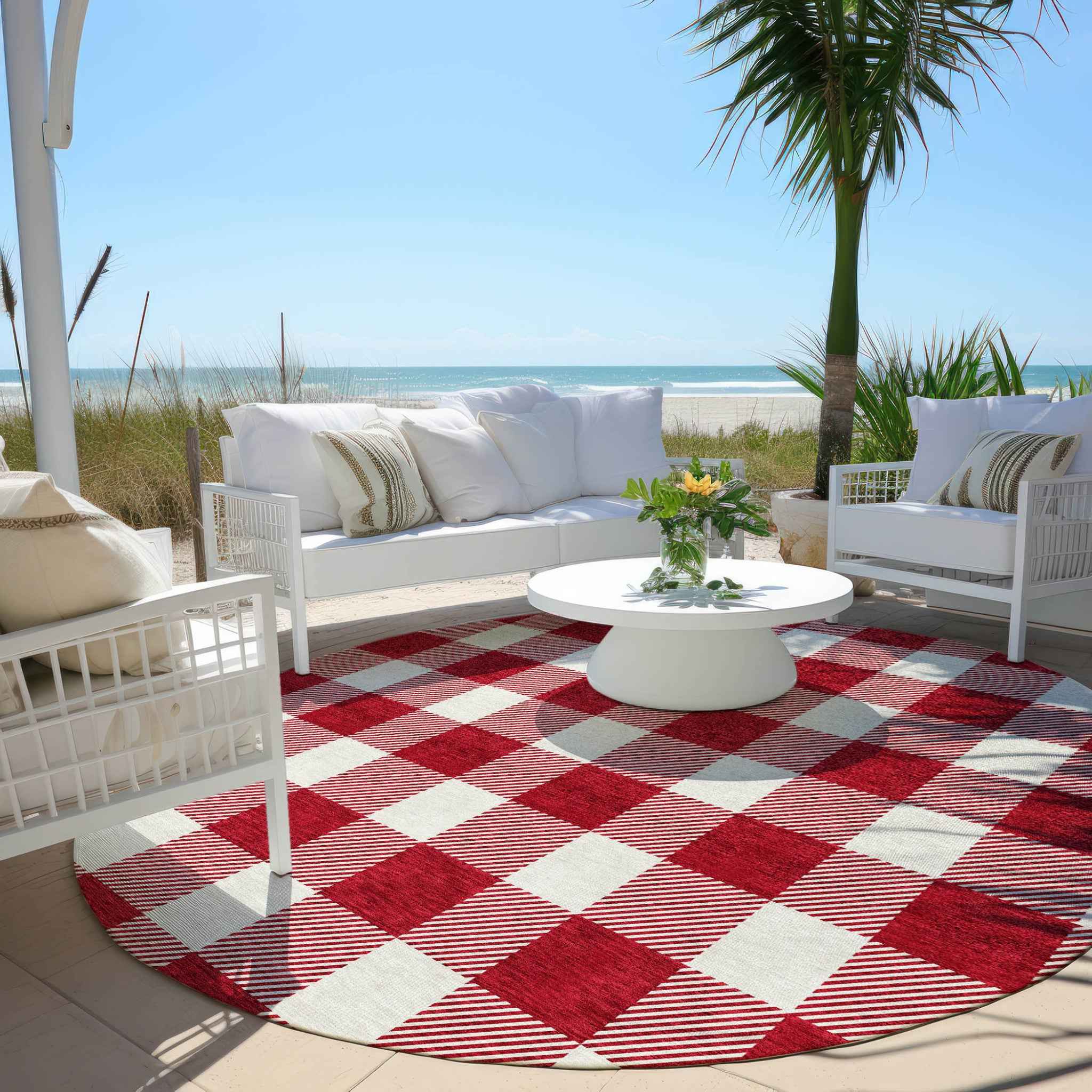 8' Red And Ivory Round Plaid Washable Indoor Outdoor Area Rug
