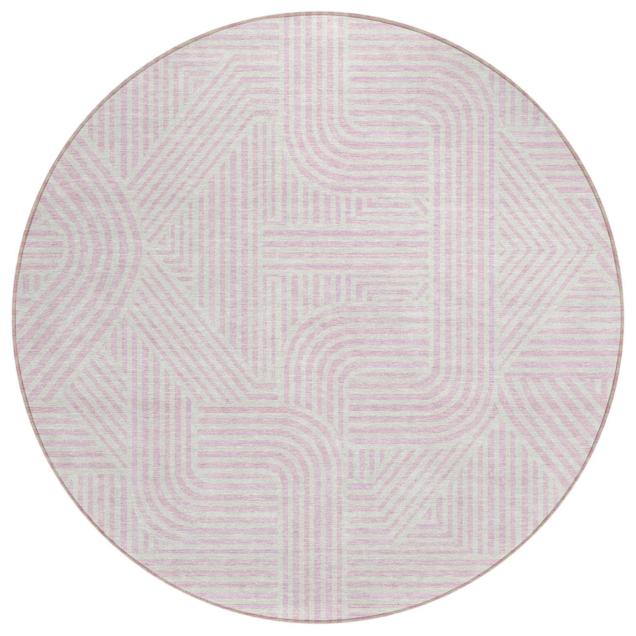 8' Pink And Ivory Round Abstract Washable Indoor Outdoor Area Rug