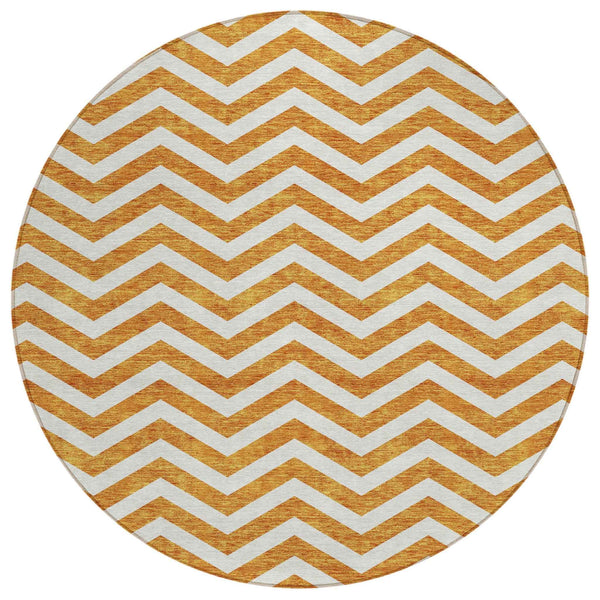8' Orange And Beige Round Chevron Washable Indoor Outdoor Area Rug