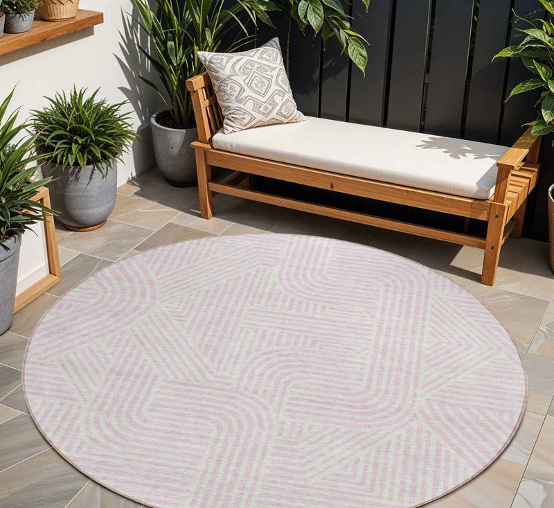 8' Pink And Ivory Round Abstract Washable Indoor Outdoor Area Rug