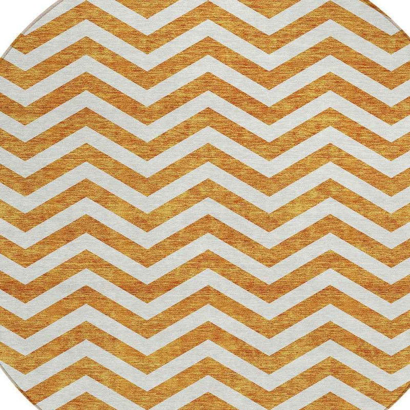 8' Orange And Beige Round Chevron Washable Indoor Outdoor Area Rug