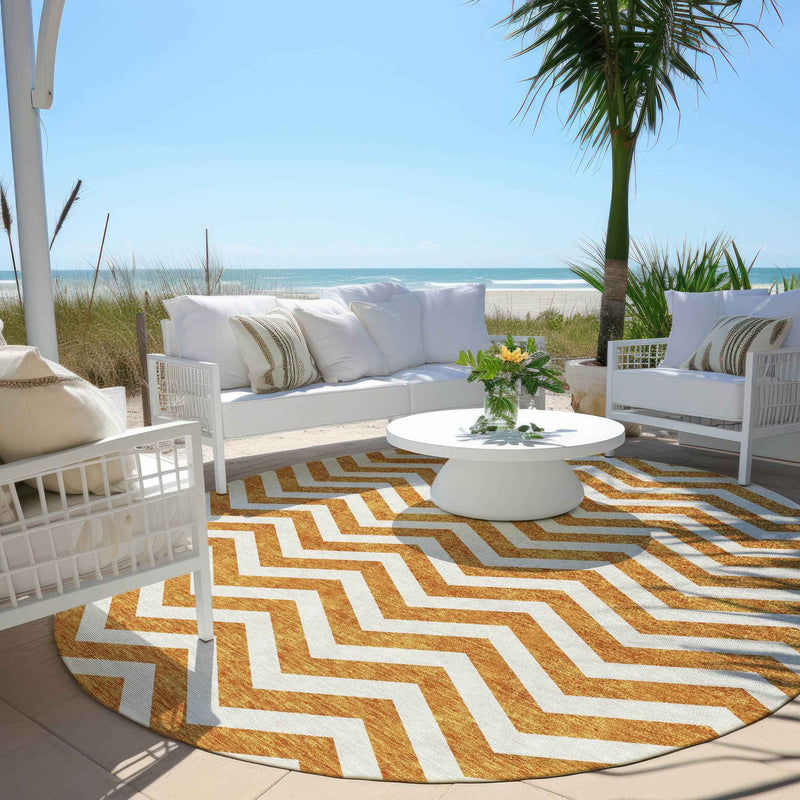 8' Orange And Beige Round Chevron Washable Indoor Outdoor Area Rug