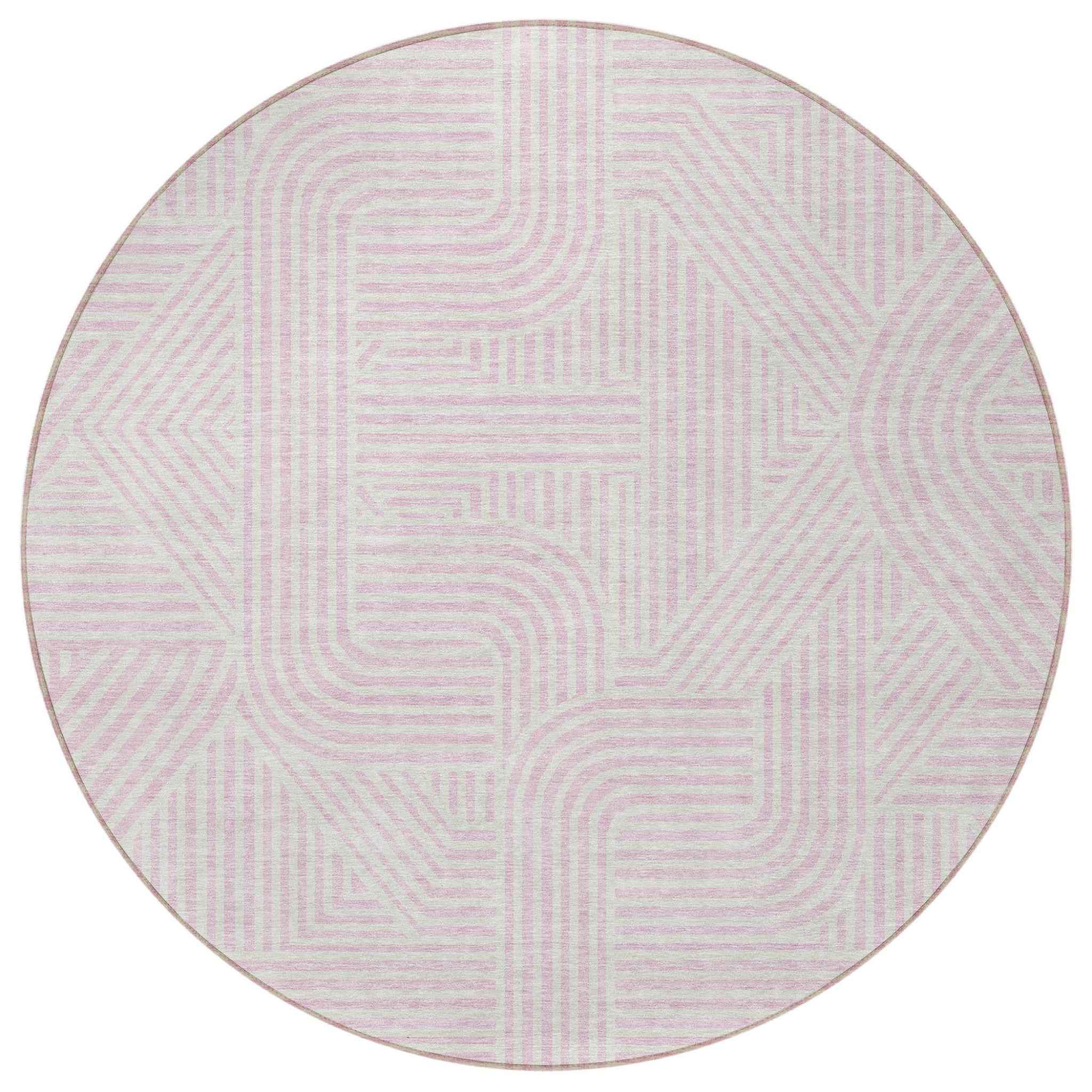 8' Pink And Ivory Round Abstract Washable Indoor Outdoor Area Rug