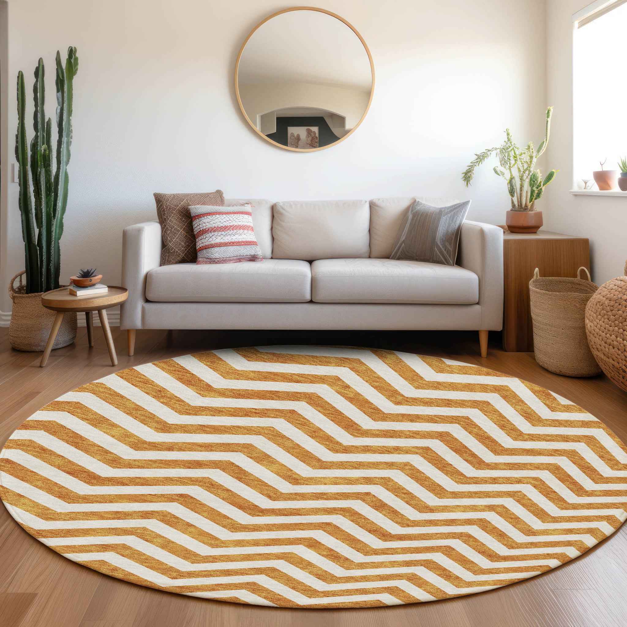 8' Orange And Beige Round Chevron Washable Indoor Outdoor Area Rug