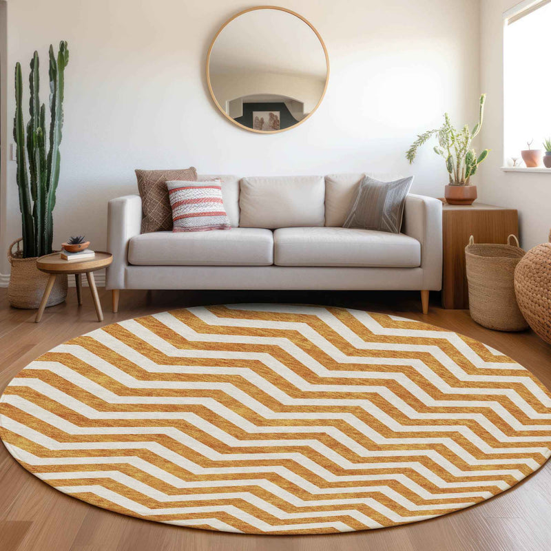 8' Orange And Beige Round Chevron Washable Indoor Outdoor Area Rug