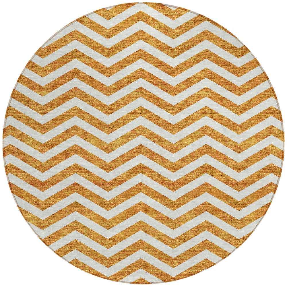 8' Orange And Beige Round Chevron Washable Indoor Outdoor Area Rug