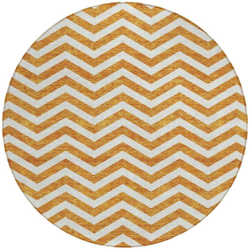8' Orange And Beige Round Chevron Washable Indoor Outdoor Area Rug