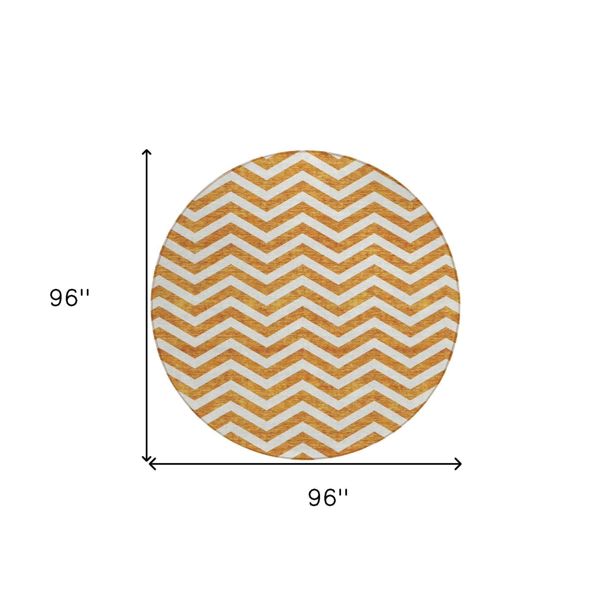 8' Orange And Beige Round Chevron Washable Indoor Outdoor Area Rug
