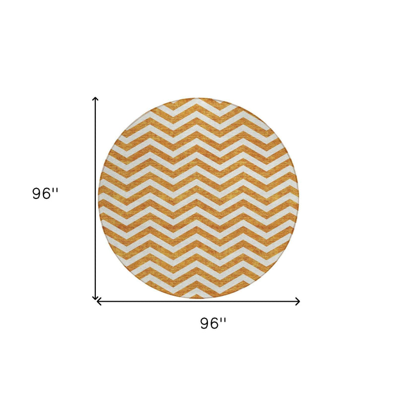 8' Orange And Beige Round Chevron Washable Indoor Outdoor Area Rug