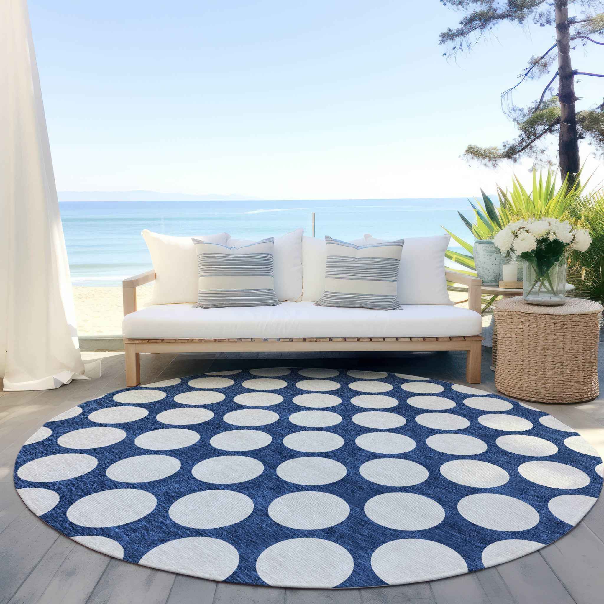 8' Navy Blue And Ivory Round Polka Dot Washable Indoor Outdoor Area Rug