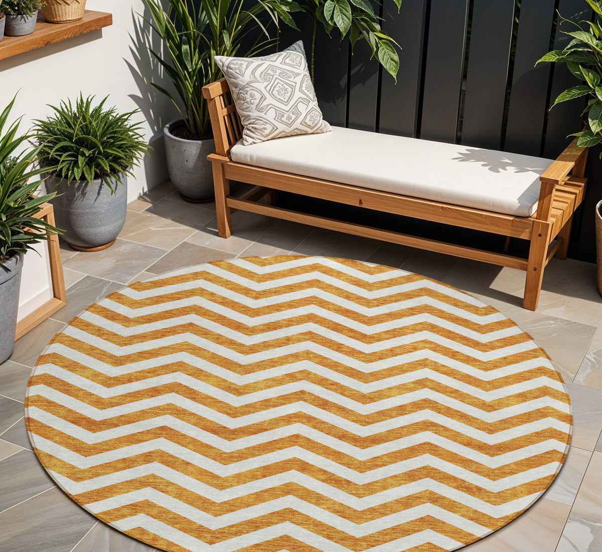 8' Orange And Beige Round Chevron Washable Indoor Outdoor Area Rug