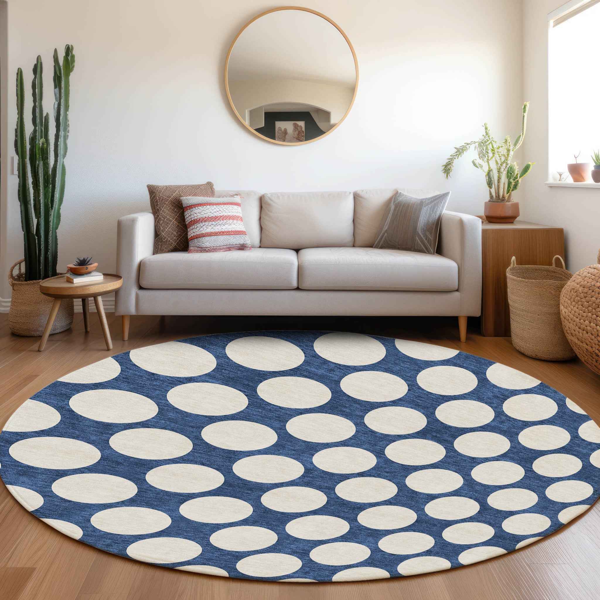 8' Navy Blue And Ivory Round Polka Dot Washable Indoor Outdoor Area Rug