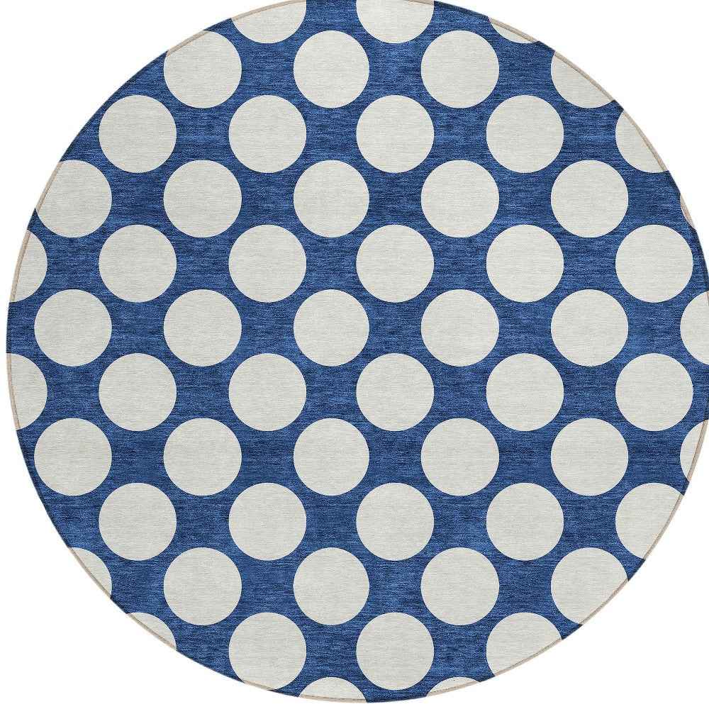 8' Navy Blue And Ivory Round Polka Dot Washable Indoor Outdoor Area Rug