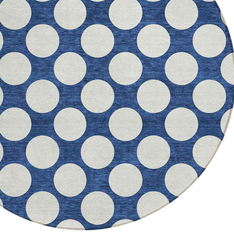 8' Navy Blue And Ivory Round Polka Dot Washable Indoor Outdoor Area Rug