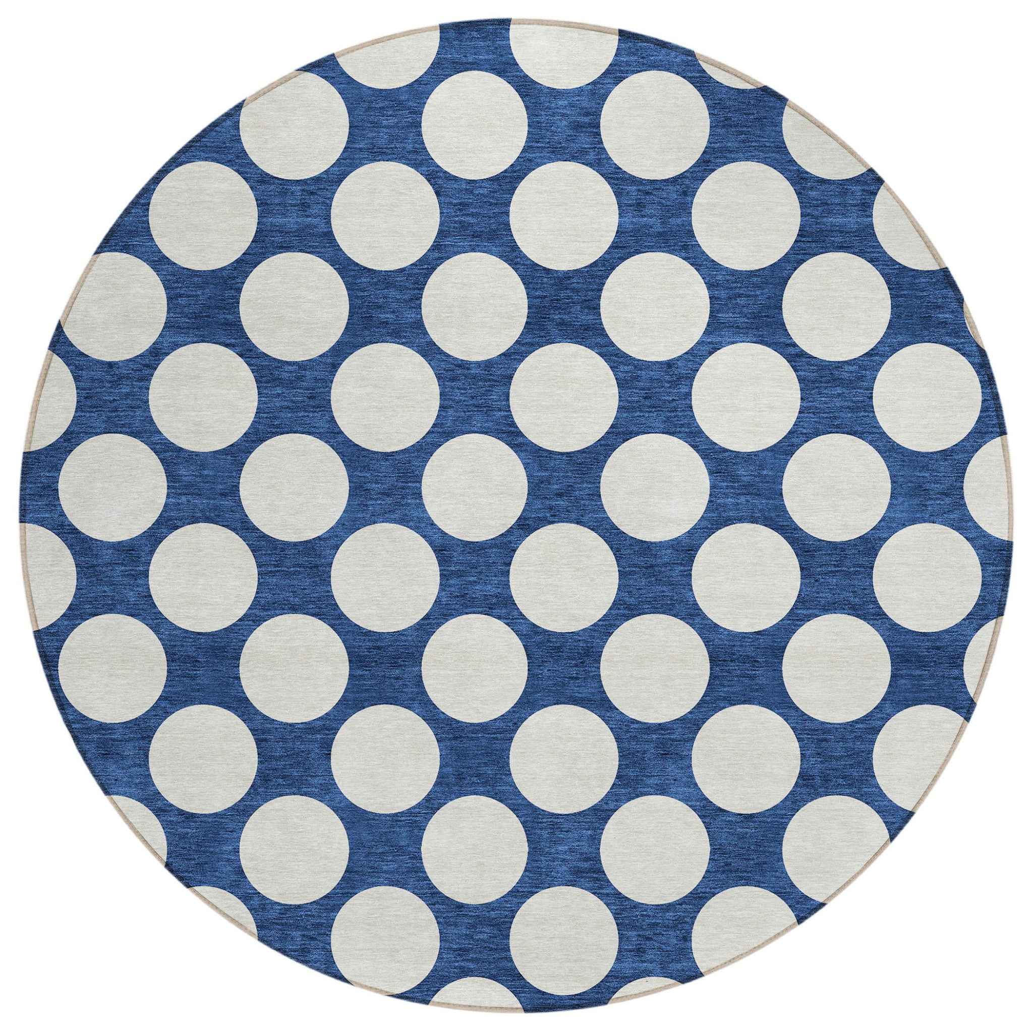 8' Navy Blue And Ivory Round Polka Dot Washable Indoor Outdoor Area Rug