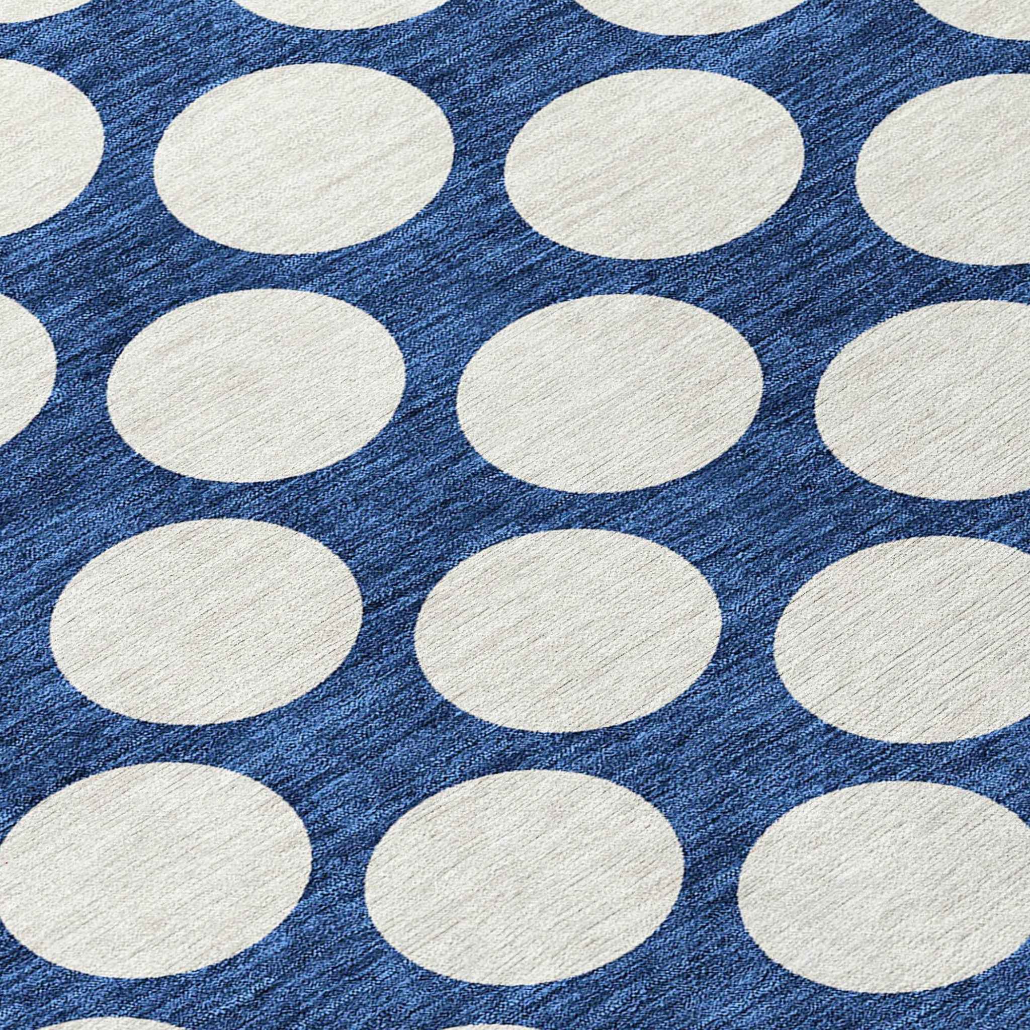 8' Navy Blue And Ivory Round Polka Dot Washable Indoor Outdoor Area Rug