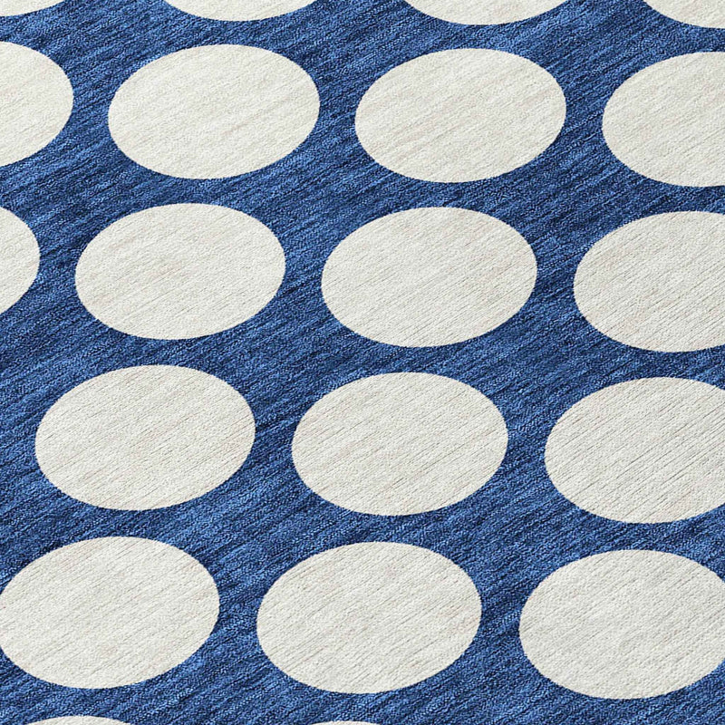 8' Navy Blue And Ivory Round Polka Dot Washable Indoor Outdoor Area Rug