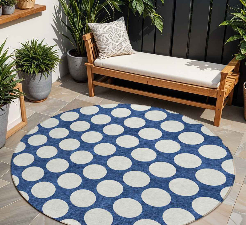 8' Navy Blue And Ivory Round Polka Dot Washable Indoor Outdoor Area Rug
