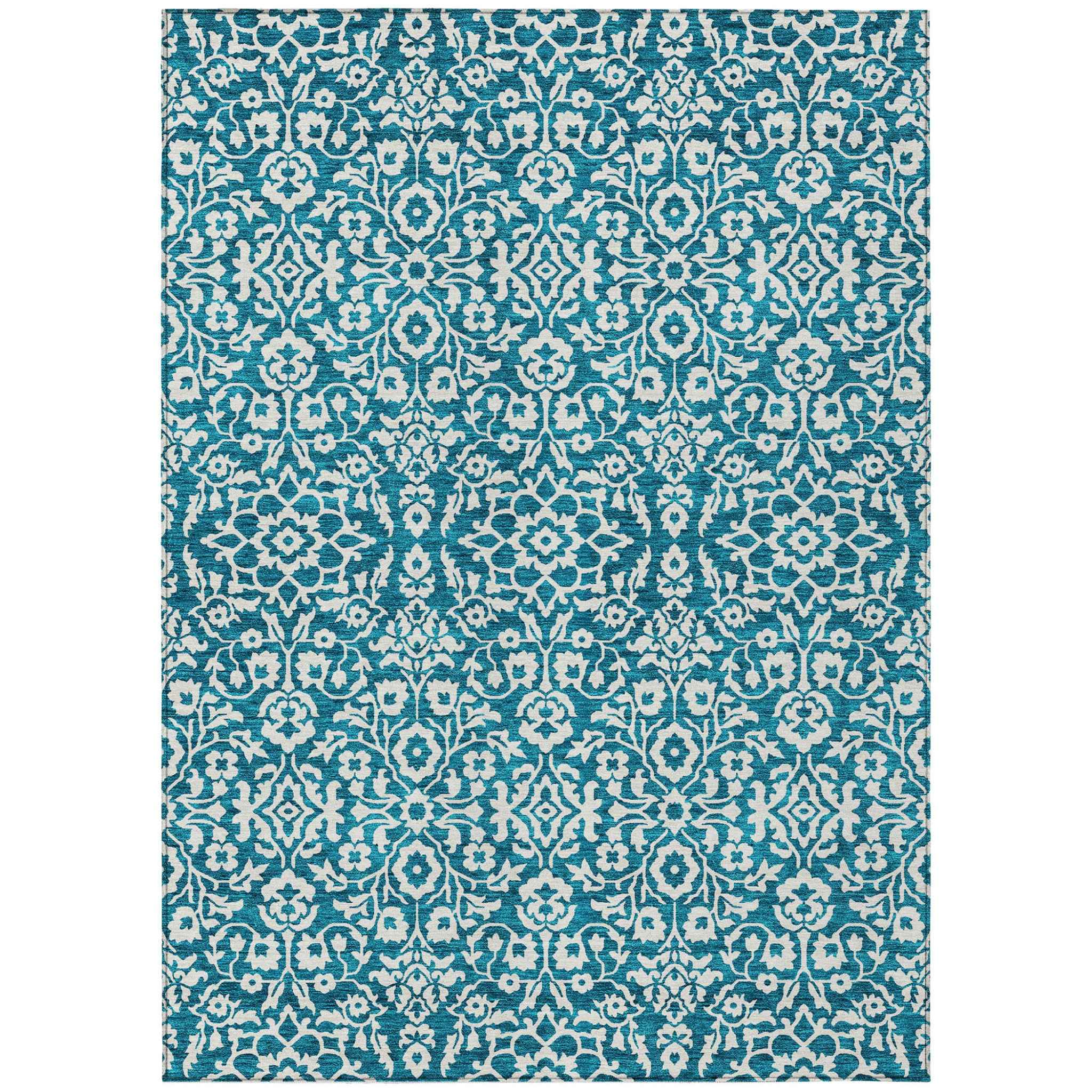 10' X 14' Teal Blue And Ivory Damask Washable Indoor Outdoor Area Rug