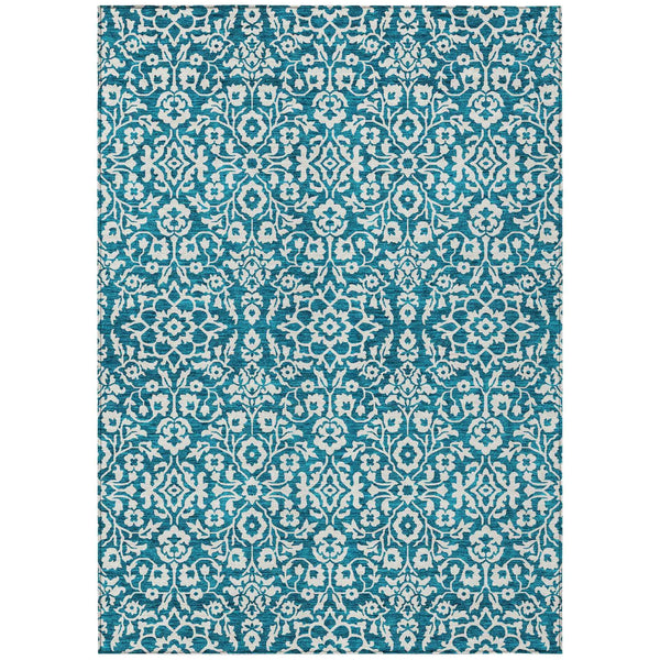 10' X 14' Teal Blue And Ivory Damask Washable Indoor Outdoor Area Rug