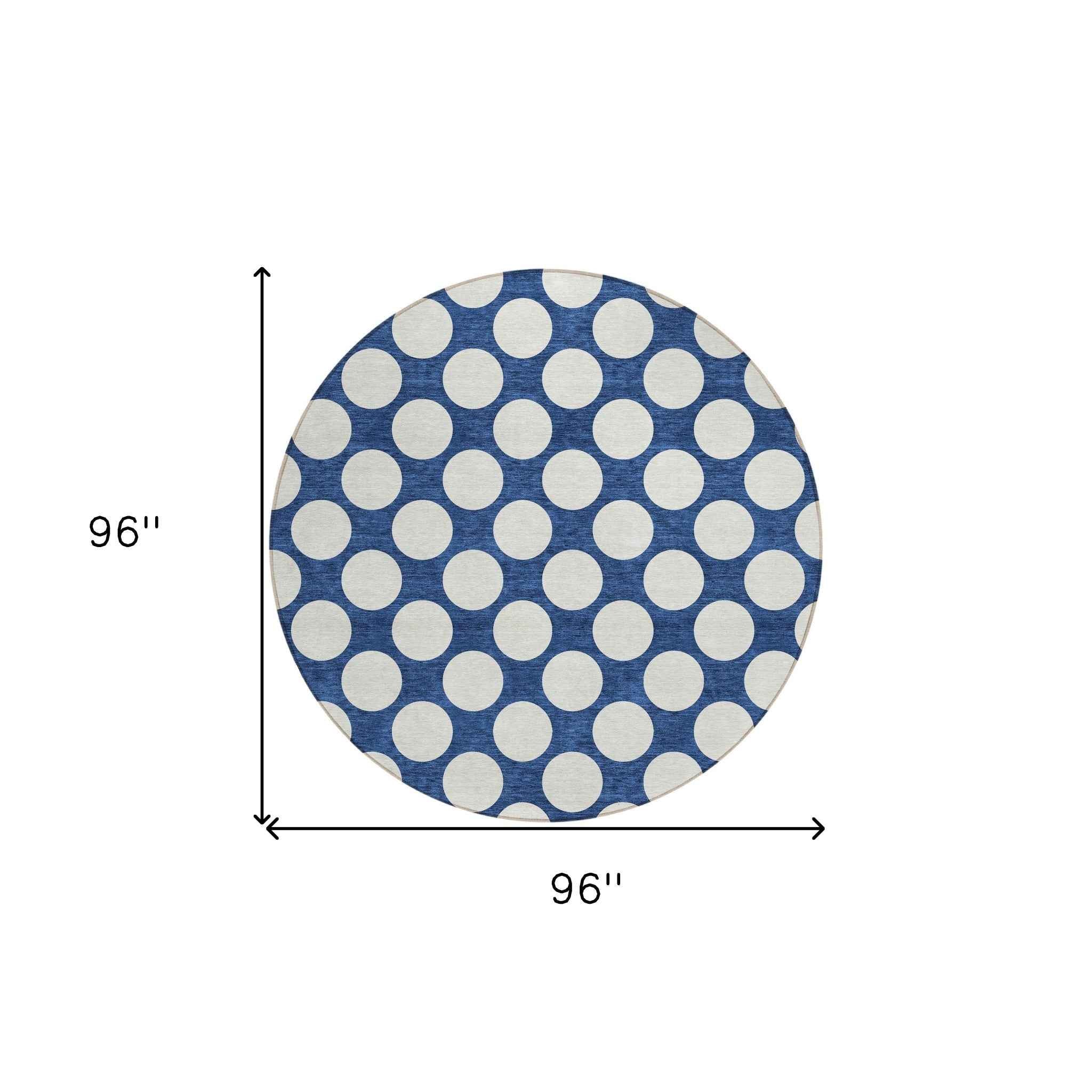 8' Navy Blue And Ivory Round Polka Dot Washable Indoor Outdoor Area Rug