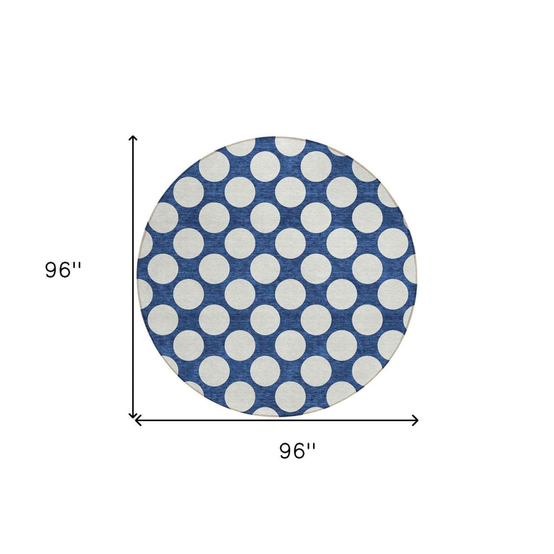 8' Navy Blue And Ivory Round Polka Dot Washable Indoor Outdoor Area Rug