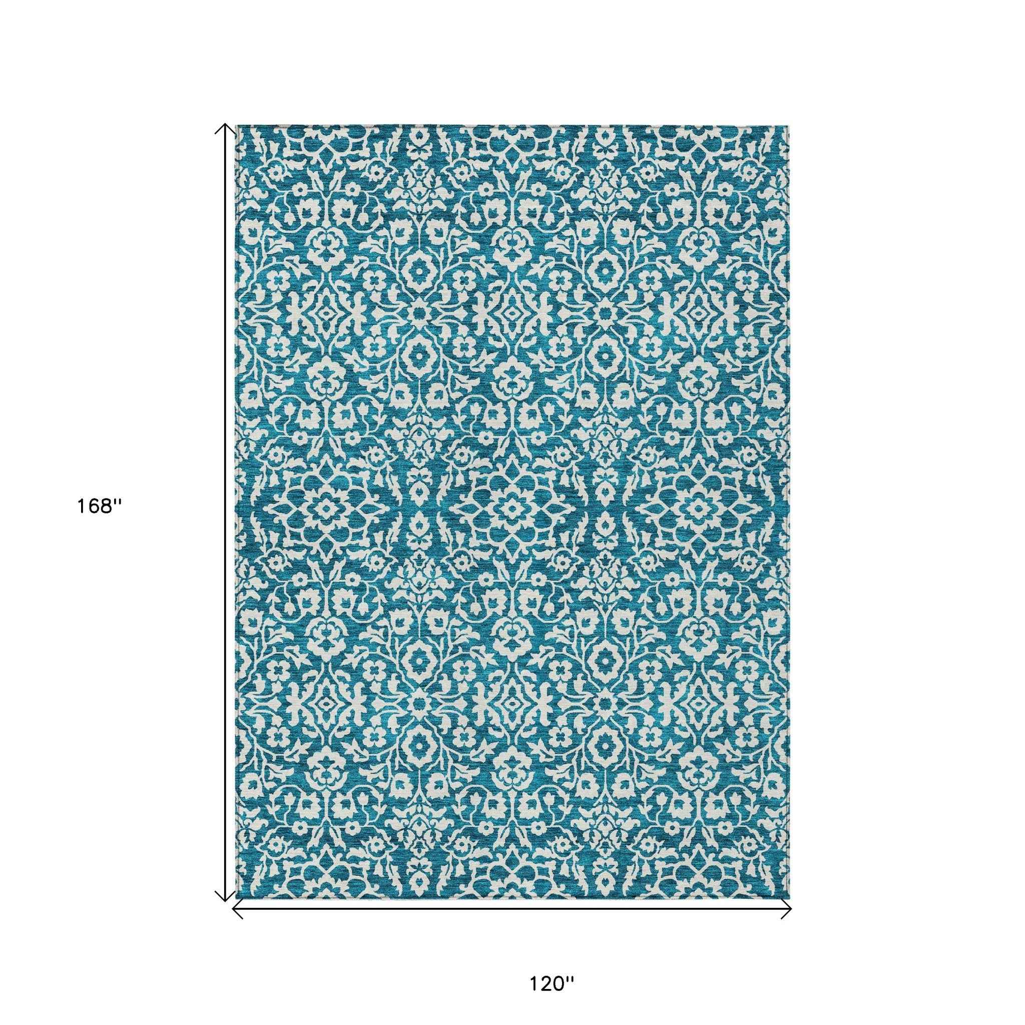 10' X 14' Teal Blue And Ivory Damask Washable Indoor Outdoor Area Rug