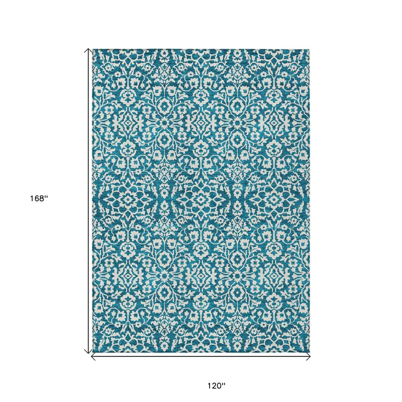 10' X 14' Teal Blue And Ivory Damask Washable Indoor Outdoor Area Rug