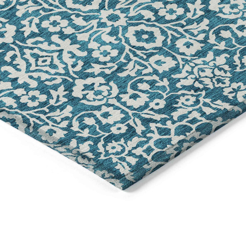 10' X 14' Teal Blue And Ivory Damask Washable Indoor Outdoor Area Rug