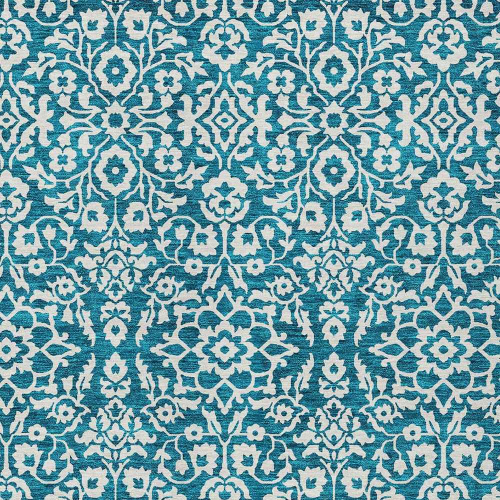 10' X 14' Teal Blue And Ivory Damask Washable Indoor Outdoor Area Rug