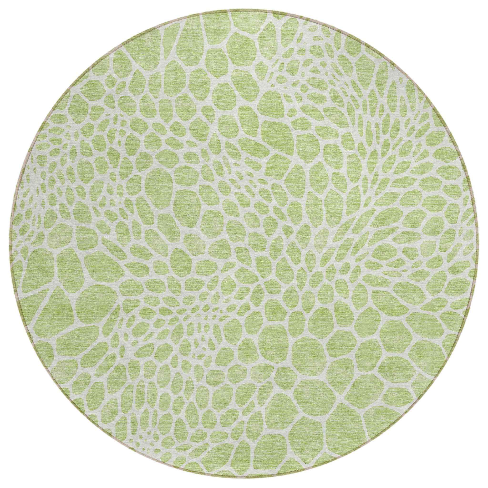 8' Artichoke Green And Ivory Round Geometric Washable Indoor Outdoor Area Rug