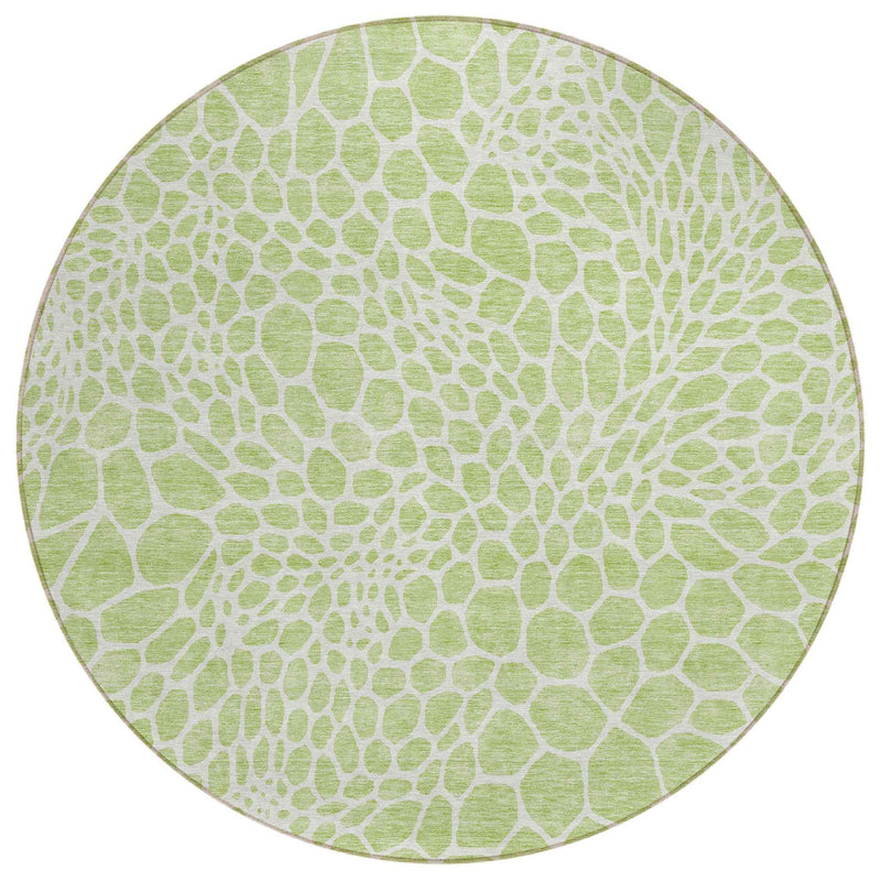 8' Artichoke Green And Ivory Round Geometric Washable Indoor Outdoor Area Rug