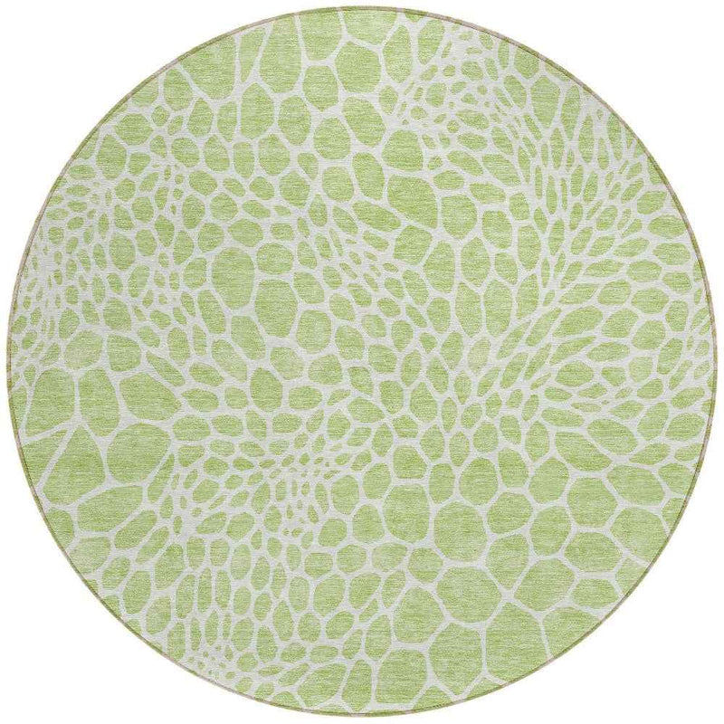 8' Artichoke Green And Ivory Round Geometric Washable Indoor Outdoor Area Rug